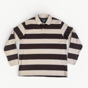 St. John’s Bay Brown Tan Rugby Stripes Long Sleeve Polo Shirt Sz XL